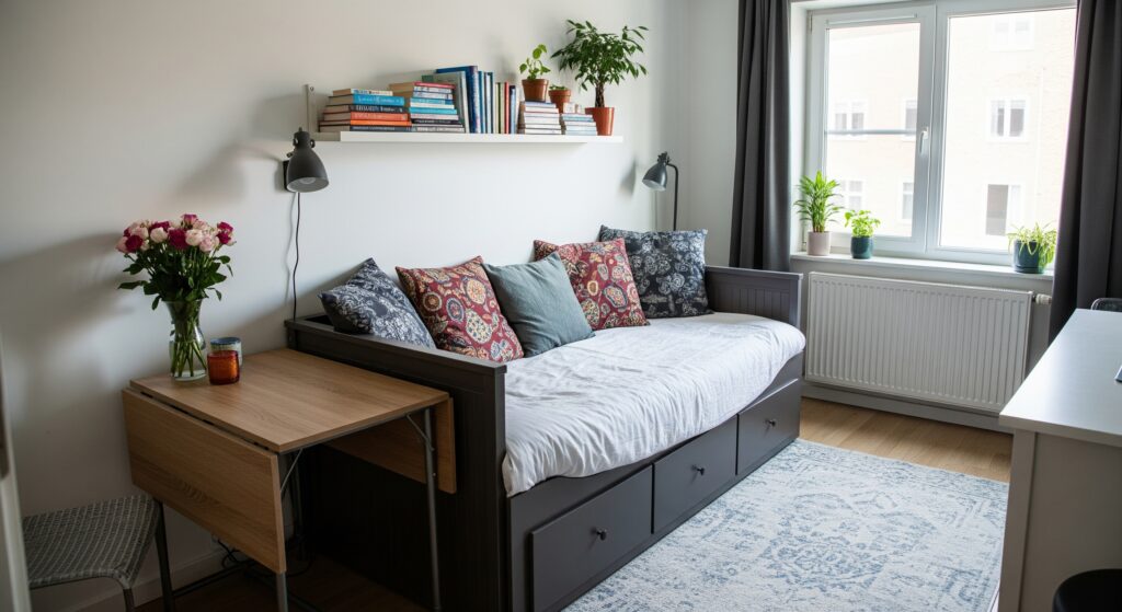 Small apartment living room with a gray daybed sofa and a fold-down table, maximizing functionality in a tight space.