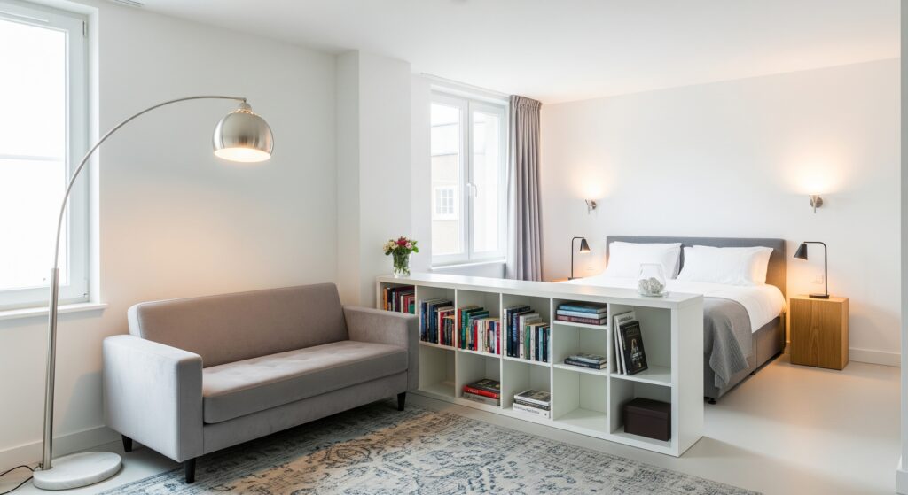 Studio apartment divided into living and sleeping areas using a bookshelf as a room divider, with light colors and ample lighting making the space feel open.