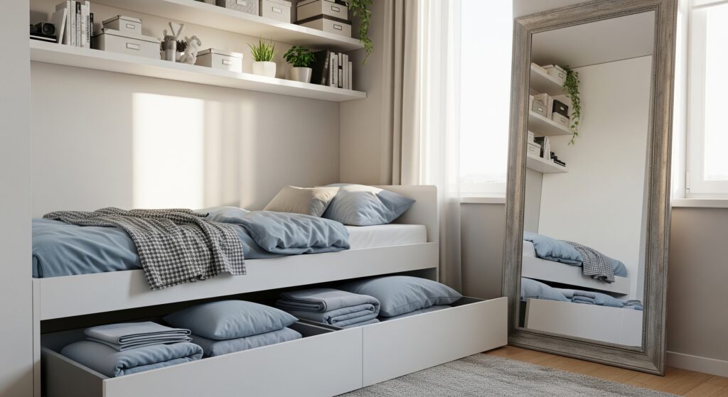 Compact bedroom with under-bed storage drawers open and floating shelves near the ceiling, plus a big mirror to make the space feel larger.