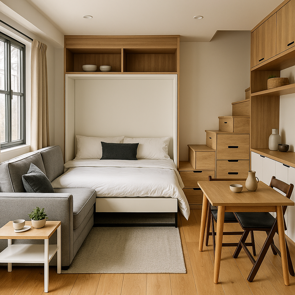 Multifunctional furniture in a compact American tiny home, featuring a Murphy bed with desk, loft storage, and convertible sofa for space-saving design.