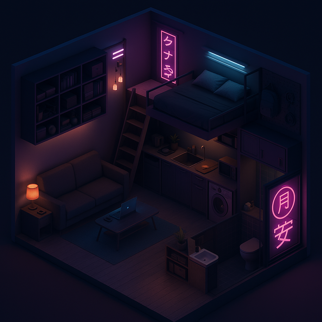 3D cyberpunk Japanese micro-apartment layout with multifunctional furniture, lofted sleeping area, modular kitchen, and foldable furniture maximizing space.