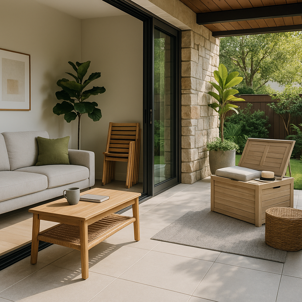 Australian multifunctional furniture setup blending indoor and outdoor living, featuring sliding glass doors, stackable chairs, and a storage bench doubling as seating.