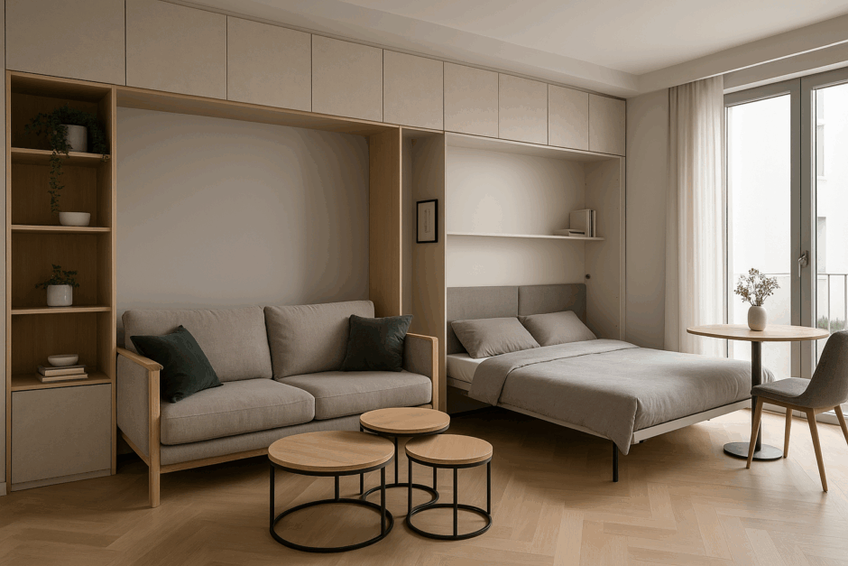 Multifunctional furniture in a compact European apartment featuring a sofa bed, modular shelving, and a lofted sleeping area maximizing vertical space.