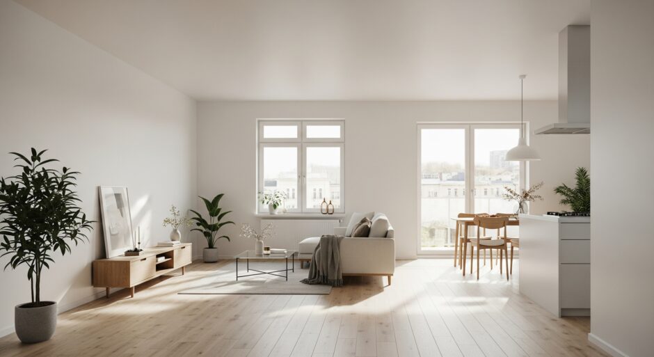 Open-layout small apartment with white walls, minimal furniture, and sunshine streaming in, making the space feel larger.